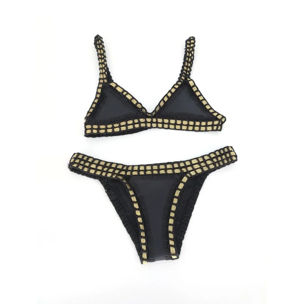 Kiini Chacha Bikini Set Women S Black Gold Crochet Trim Triangle Boho Festival - Picture 3 of 16